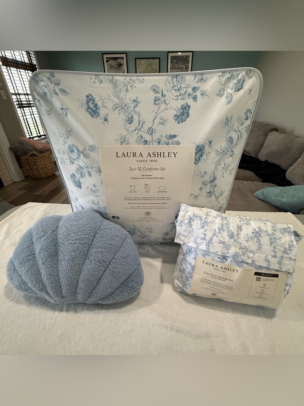 Laura Ashley Twin XL Blue Floral Comforter Sheet Set + Plush Shell Pillow Bundle